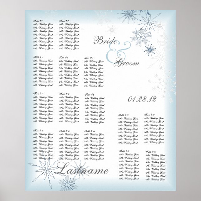Snowflake Wedding Seating Chart Ice Blue (Front)
