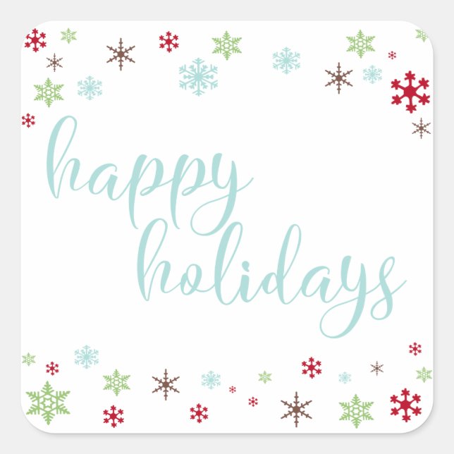 Snowflake Whimsy Happy Holidays, Robin's Egg Blue Square Sticker (Front)