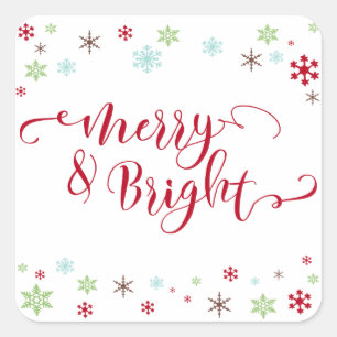 Snowflake Whimsy Merry & Bright Red Typography Square Sticker
