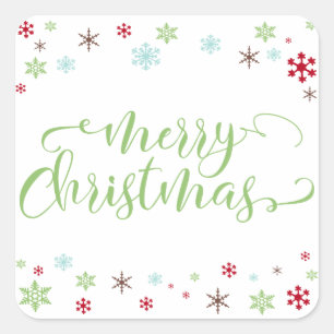 Snowflake Whimsy Merry Christmas, Apple Green Type Square Sticker