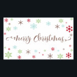 Snowflake Whimsy Merry Christmas Brown Typography Rectangular Sticker<br><div class="desc">Send your Christmas greetings with style! Using a fresh, modern palette with a retro vibe, this whimsical design was created for those who enjoy trends but appreciate a unique flavour. The words "Merry Christmas" are rendered in a swirling calligraphy font, in brown. Around the words are snowflakes in bright red,...</div>
