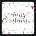 Snowflake Whimsy Merry Christmas, Brown Typography Square Sticker<br><div class="desc">Send your Christmas greetings with style! Using a fresh, modern palette with a retro vibe, this whimsical design was created for those who enjoy trends but appreciate a unique flavour. The words "Merry Christmas" are rendered in a swirling calligraphy font, in warm brown. Around the words are snowflakes in robin's...</div>