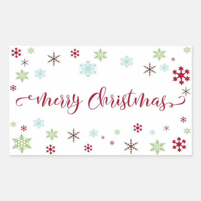 Snowflake Whimsy Merry Christmas Red Typography Rectangular Sticker (Front)