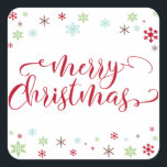 Snowflake Whimsy Merry Christmas Red Typography Square Sticker<br><div class="desc">Send your Christmas greetings with style! Using a fresh, modern palette with a retro vibe, this whimsical design was created for those who enjoy trends but appreciate a unique flavour. The words "Merry Christmas" are rendered in a swirling calligraphy font, in a cheerful bright red. Around the words are snowflakes...</div>