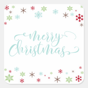 Snowflake Whimsy Merry Christmas, Robin's Egg Blue Square Sticker