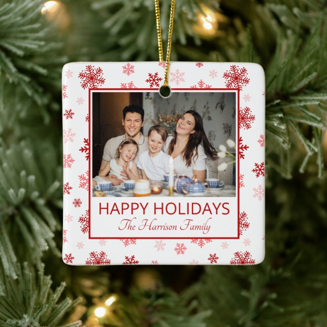 Snowflake White 2 Photos Happy Holidays Family  Ceramic Ornament (Tree)