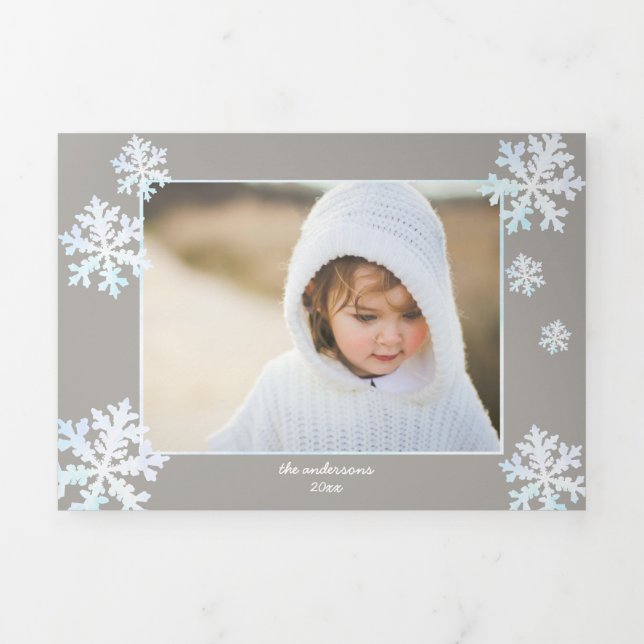 Snowflake White Opal Elegant Christmas 5 Photo Tri-Fold Holiday Card (Cover)