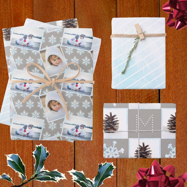 Snowflake White Opal Pinstripes 3 Photo Christmas Wrapping Paper Sheet (Creator Uploaded)