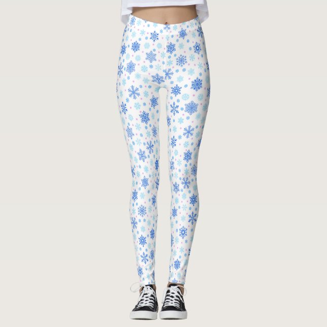 Snowflake White Pastel Blue Baby Blue Elegant Chic Leggings (Front)