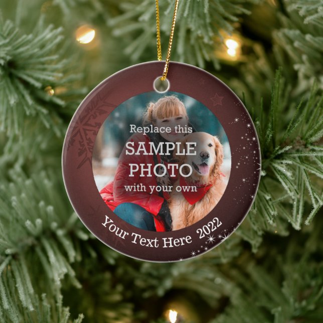 Snowflake White Stars 2 Photo Burgundy Custom Text Ceramic Tree Decoration (Tree)