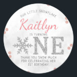 Snowflake Winter 1st Birthday Classic Round Sticker<br><div class="desc">Celebrate in style with these trendy 1st birthday party thank you stickers. The design is easy to personalise with your own wording and your family and friends will be thrilled when they see these fabulous stickers.</div>