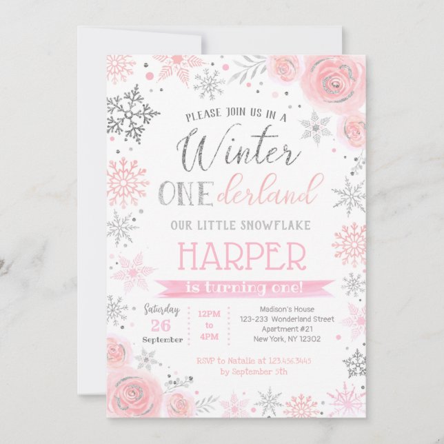 Snowflake Winter 1st Birthday Party Invitations (Front)