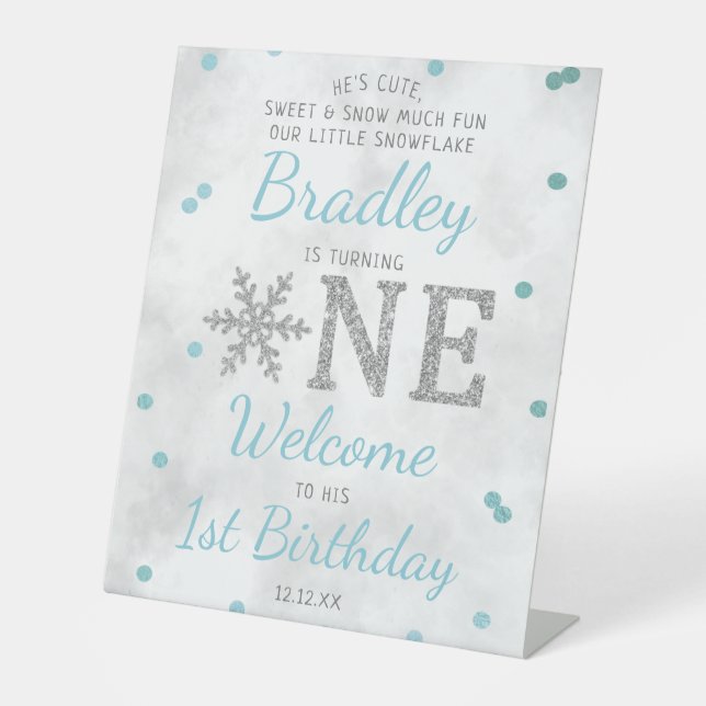 Snowflake Winter 1st Birthday Welcome Pedestal Sign (Front)