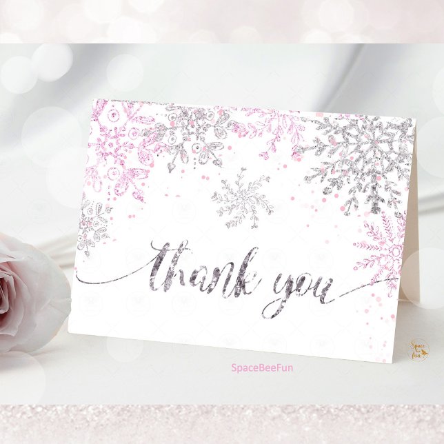 Snowflake Winter Baby shower Girl  Thank You Card (Snowflake thank you card, winter baby shower thank you, girl baby shower card, snowflake theme card,)