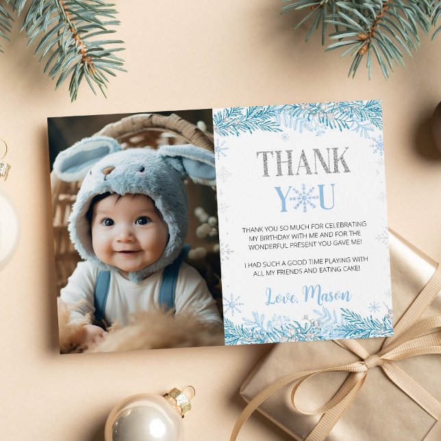Snowflake Winter Birthday Photo Thank You Card (Creator Uploaded)