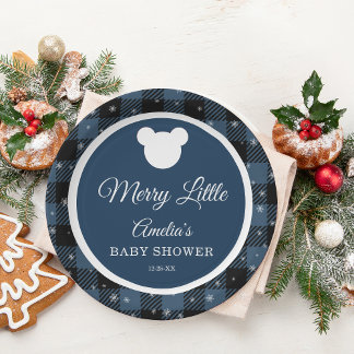 Snowflake Winter Blue Plaid Baby Shower Paper Plate