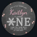 Snowflake Winter Chalkboard 1st Birthday Classic Round Sticker<br><div class="desc">Celebrate in style with these trendy 1st birthday party thank you stickers. The design is easy to personalise with your own wording and your family and friends will be thrilled when they see these fabulous stickers.</div>