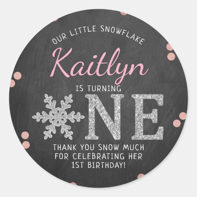 Snowflake Winter Chalkboard 1st Birthday Classic Round Sticker (Front)
