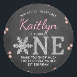 Snowflake Winter Chalkboard 1st Birthday Classic Round Sticker<br><div class="desc">Celebrate in style with these trendy 1st birthday party thank you stickers. The design is easy to personalise with your own wording and your family and friends will be thrilled when they see these fabulous stickers.</div>