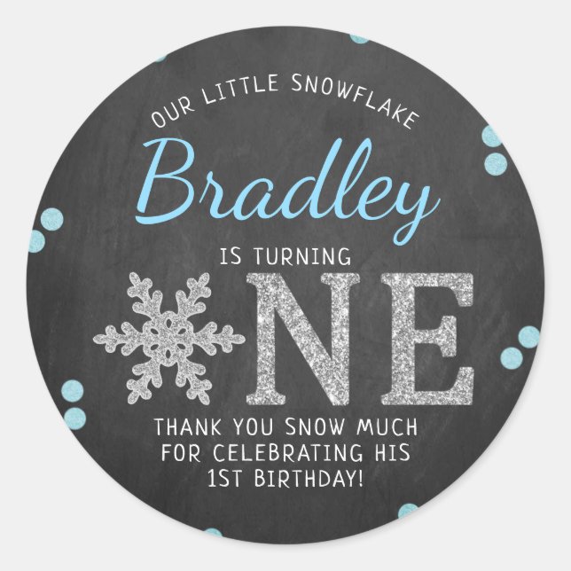 Snowflake Winter Chalkboard 1st Birthday Classic Round Sticker (Front)
