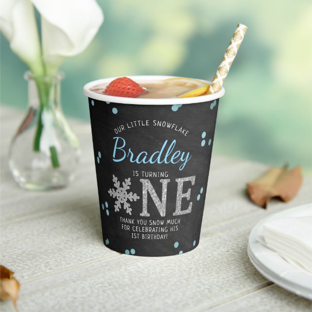 Snowflake Winter Chalkboard 1st Birthday Paper Cups (Insitu)