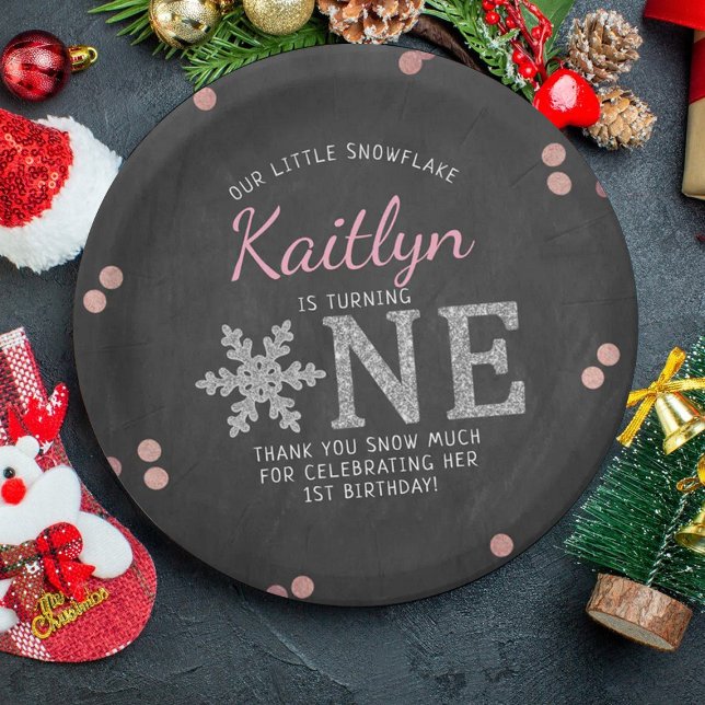 Snowflake Winter Chalkboard 1st Birthday Paper Plate (Creator Uploaded)