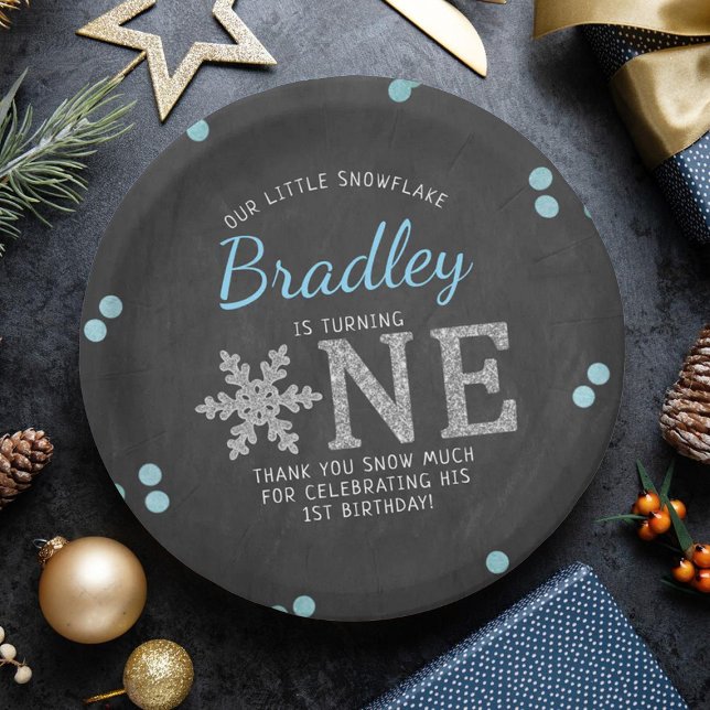 Snowflake Winter Chalkboard 1st Birthday Paper Plate (Creator Uploaded)