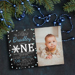 Snowflake Winter Chalkboard 1st Birthday Photo<br><div class="desc">Celebrate in style with these sweet and very trendy real foil pressed 1st birthday invitations. This design is easy to personalise with your special event wording and a photo of your choice & your guests will be thrilled when they receive these fabulous invites.</div>