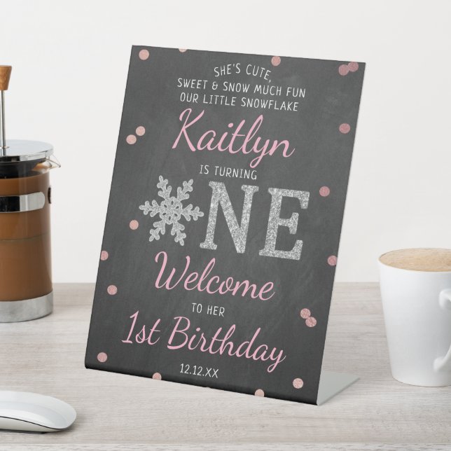 Snowflake Winter Chalkboard 1st Birthday Welcome Pedestal Sign (In SItu)
