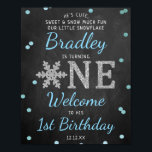 Snowflake Winter Chalkboard 1st Birthday Welcome Poster<br><div class="desc">Celebrate in style with this trendy birthday 1st welcome sign. The design is easy to personalise with your own wording and your family and friends will be thrilled when they see this fabulous party sign. Matching party items can be found in the collection.</div>