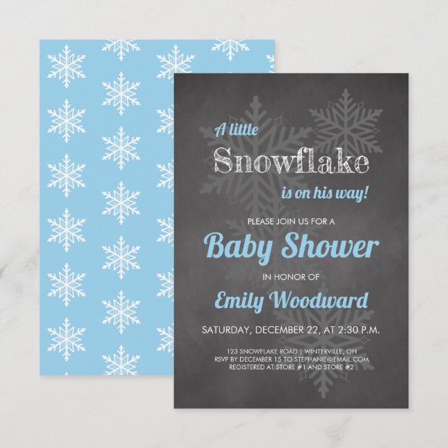 Snowflake Winter Chalkboard Blue Boys Baby Shower Invitation (Front/Back)