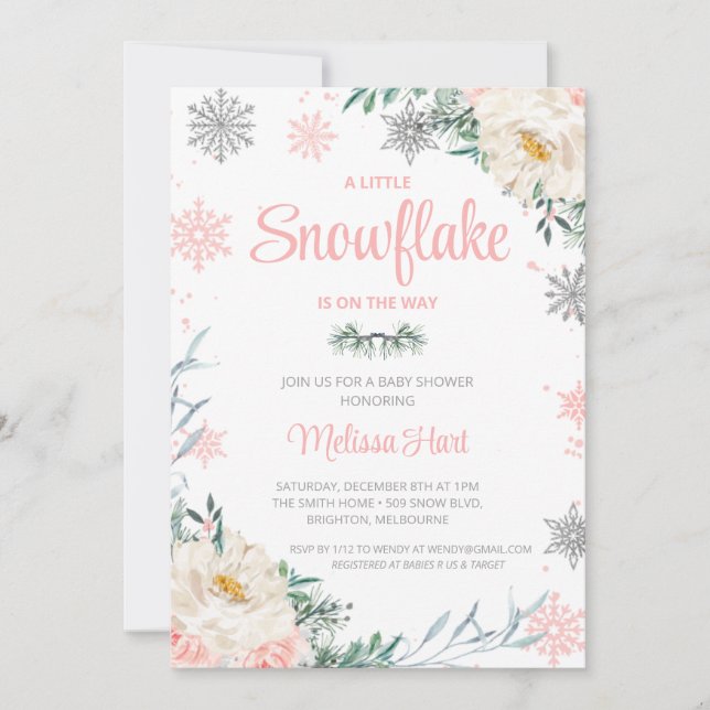 Snowflake Winter Floral Girls Baby Shower Invitation (Front)