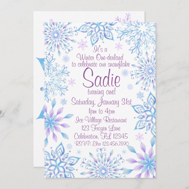 Snowflake Winter One-Derland First Birthday Invitation (Front/Back)