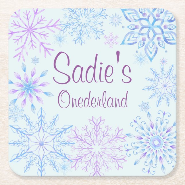 Snowflake Winter One-Derland First Birthday Square Paper Coaster (Front)