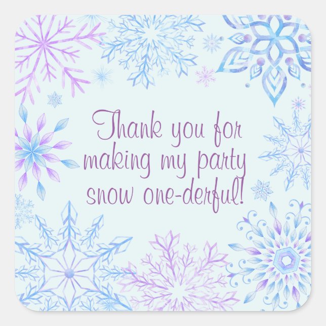Snowflake Winter One-Derland First Birthday Thanks Square Sticker (Front)