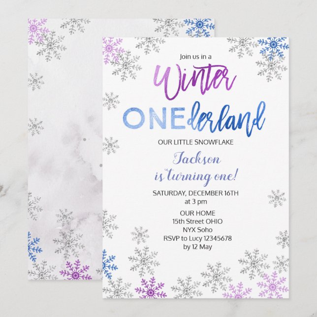 Snowflake Winter Onederland First Birthday Invite (Front/Back)
