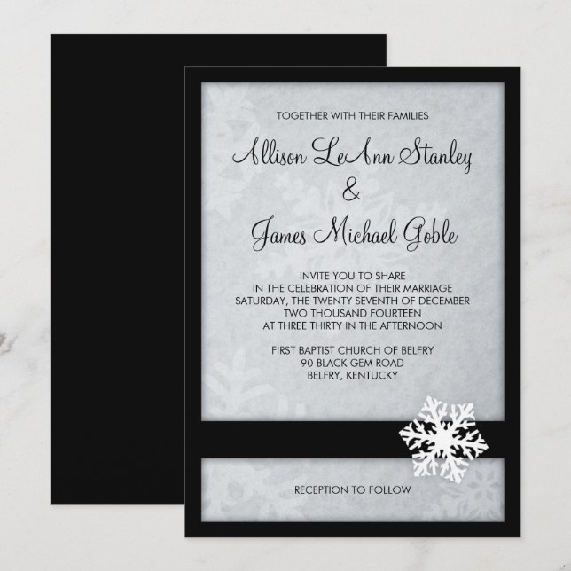 Snowflake Winter Wedding Invitation - Black, White (Front/Back)