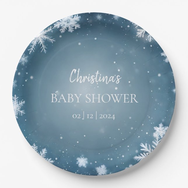 Snowflake Winter Wonderland Baby Shower Blue Paper Plate (Front)