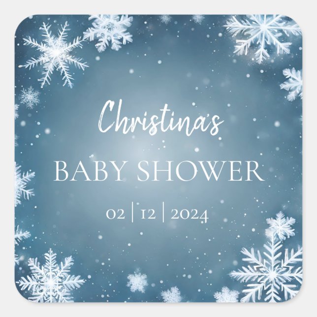 Snowflake Winter Wonderland Baby Shower Blue Square Sticker (Front)
