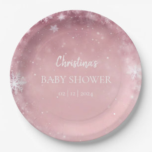 Snowflake Winter Wonderland Baby Shower Pink Paper Plate