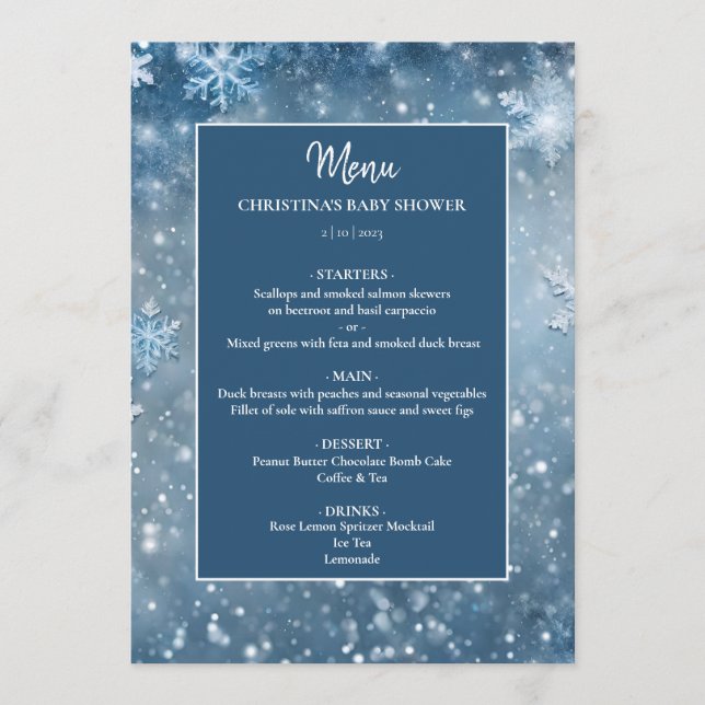 Snowflake Winter Wonderland Blue Baby Shower Menu (Front)