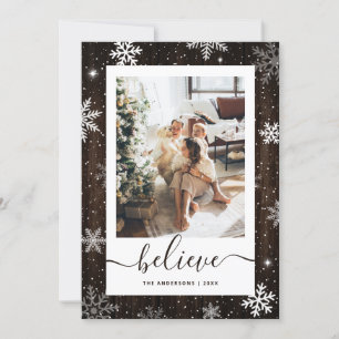 Snowflake Wood Photo Believe Christmas Cards