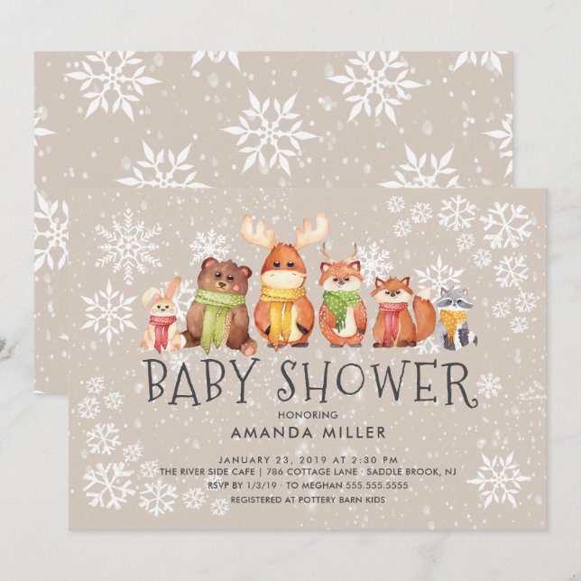 Snowflake Woodland Animals Baby Shower Invitation (Front/Back)