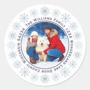 Snowflake Wreath Photo Return Address Label Round