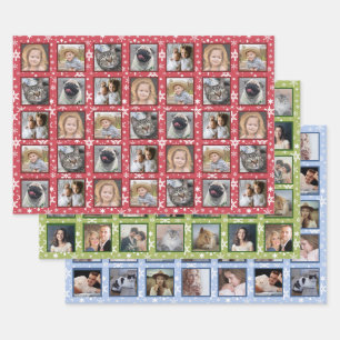 Snowflakes 15 Custom Family Photo Collage 3 Colors Wrapping Paper Sheet