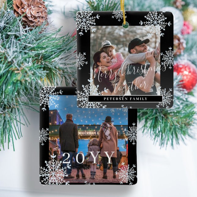 Snowflakes 2 family photo personalised black white ceramic ornament (Creator Uploaded)