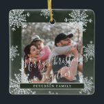 Snowflakes 2 family photo personalised green ceramic ornament<br><div class="desc">Rustic elegant winter dark hunter green and white plaid family keepsake tree ornament template with sparkling snowflakes frame.                       Easy to personalise with your 2 photos,  text script,  family name and year!</div>