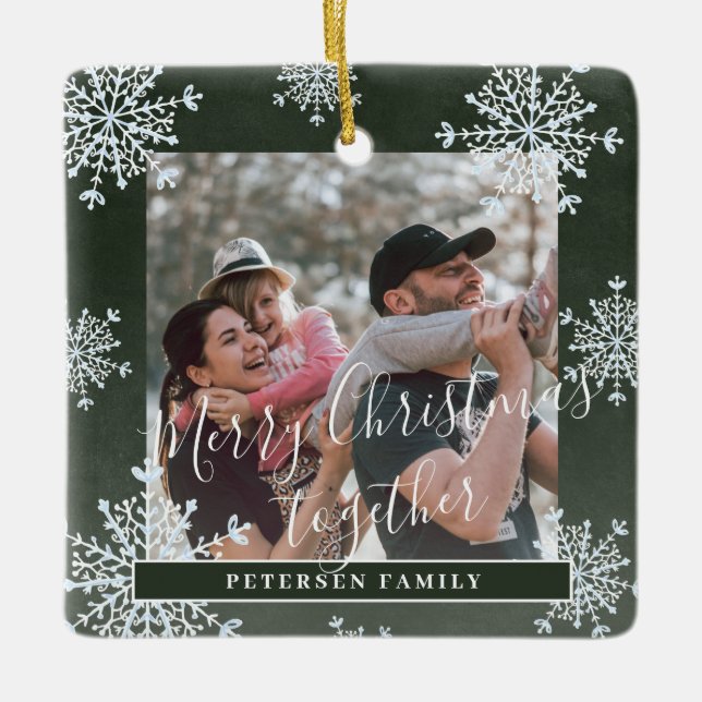Snowflakes 2 family photo personalised green ceramic ornament (Front)