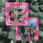Snowflakes 2 family photo personalised pink white ceramic ornament<br><div class="desc">Rustic elegant winter hot pink and white plaid family keepsake tree ornament template with sparkling snowflakes frame.                       Easy to personalise with your 2 photos,  text script,  family name and year!</div>