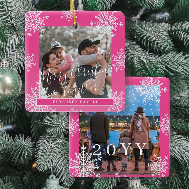 Snowflakes 2 family photo personalised pink white ceramic ornament (Creator Uploaded)